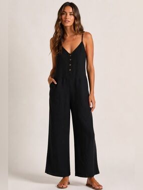 Dotti Black Linen Blend Wide Leg Jumpsuit Button Front Pockets Size 8